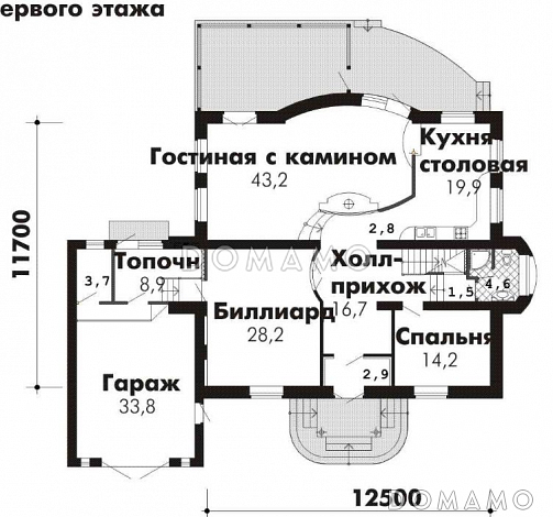 Проект комфортабельного дома с бильярдной, гаражом и гостиной с камином / План 1 этажа