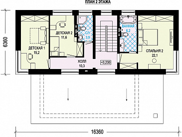 Проект дома с косой крышей, детскими комнатами, террасой, большой гостиной-столовой / План мансардного этажа