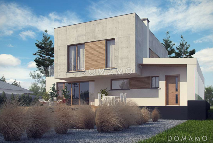 Проект современного двухэтажного дома из кирпича сложной формы с четырьмя спальнями и гаражом