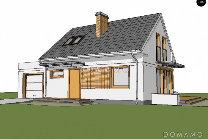 Проект компактного одноэтажного мансардного дома из кирпича с дополнительной спальней на первом этаже и гаражом