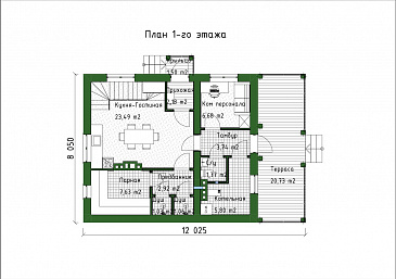 Проект мансардного дома с встроенной сауной, крытой террасой и кабинетом / План 1 этажа