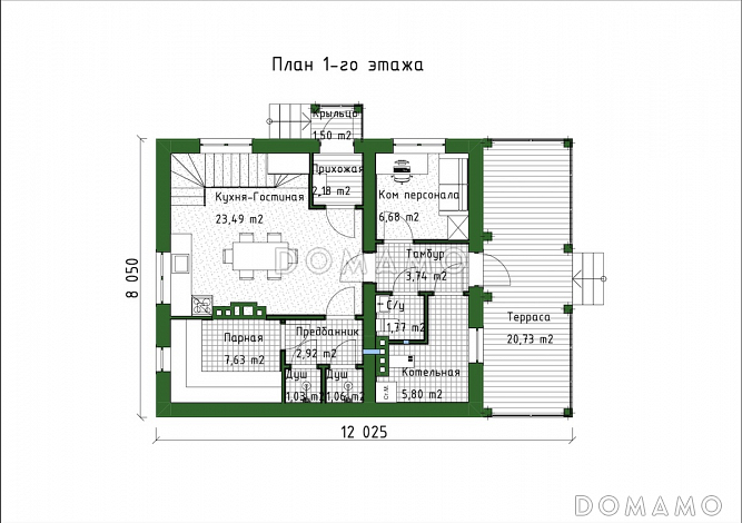 Проект мансардного дома с встроенной сауной, крытой террасой и кабинетом / План 1 этажа