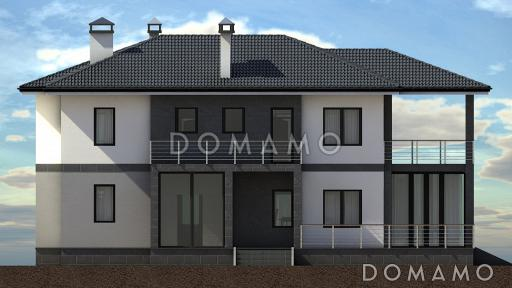 Проект дома для семьи от четырех человек с террасами, просторной кухней-столовой, хозяйской спальней на втором этаже / Фасад 3