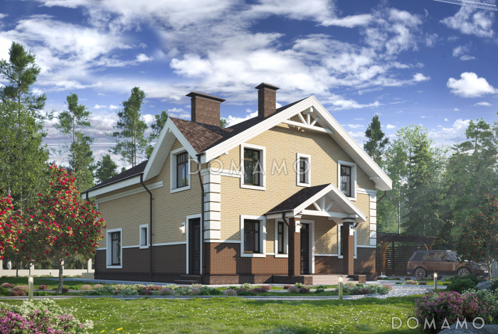 Проект загородного дома с террасой, гостиной с эркером, сауной, пятью спальнями на мансардном этаже