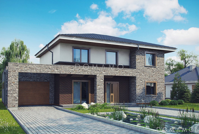 Проект двухэтажного дома с подвалом, гаражом, двумя спальнями на первом этаже, мастер-спальней на втором этаже