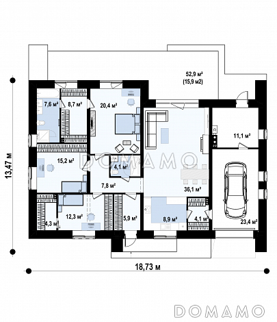 Проект одноэтажного дома с террасой, гаражом, кладовой, тремя спальнями / План 1 этажа