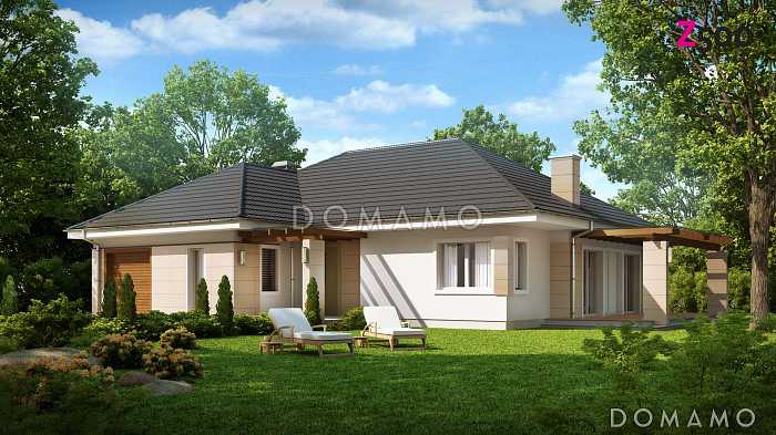 Проект одноэтажного дома из газобетона со свободной планировкой на мансардном этаже и гаражом для одного автомобиля