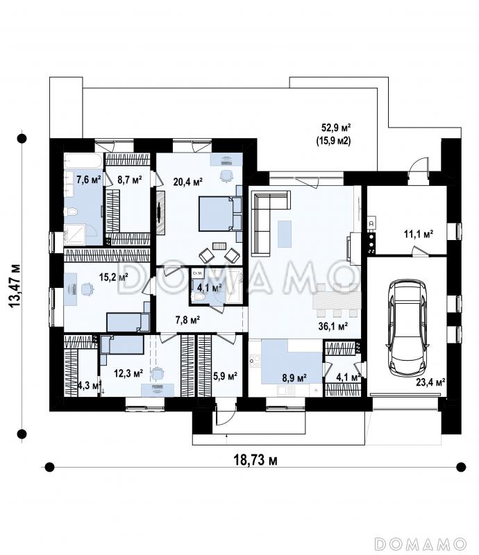 Проект одноэтажного дома с террасой, гаражом, кладовой, тремя спальнями / План 1 этажа