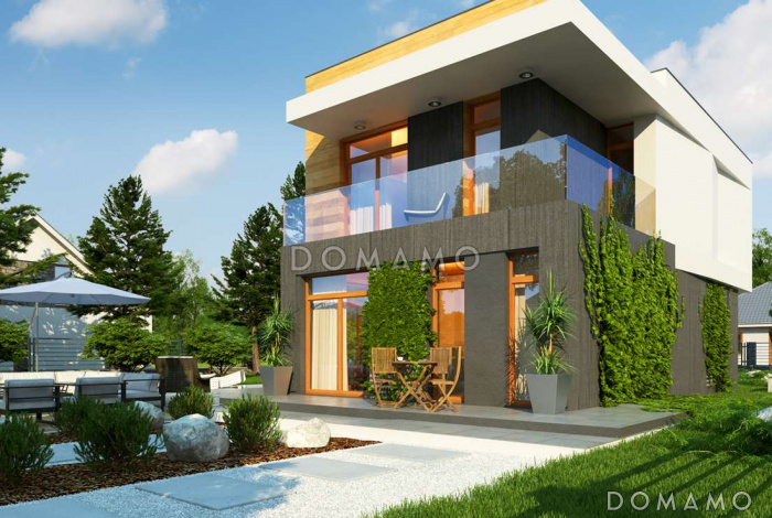 Проект двухэтажного дома из кирпича в стиле кубизм с балконом