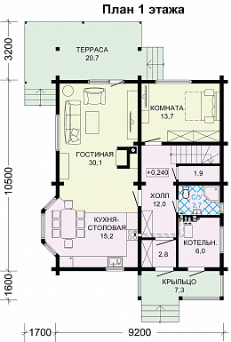 Проект дома в скандинавском стиле с просторной гостиной и выходом на террасу / План 1 этажа