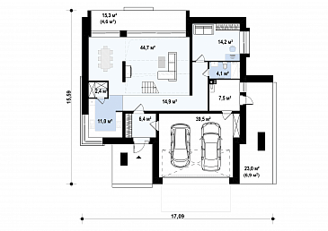 Проект кирпичного дома с кабинетом, гаражом на 2 машины и террасой на втором этаже / План 1 этажа