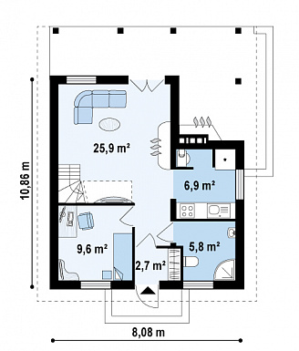 Проект компактного одноэтажного мансардного дома из газобетона с двумя спальнями, кабинетом и двумя крытыми террасами / План 1 этажа