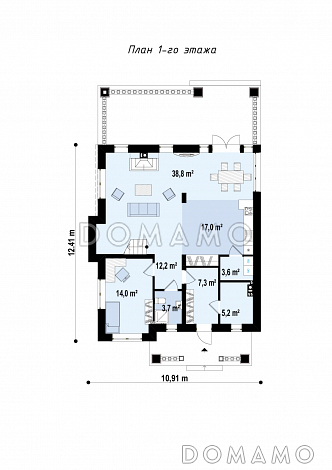 Проект современного двухэтажного дома из газобетона с пятью комнатами и крытой террасой, без гаража / План 1 этажа