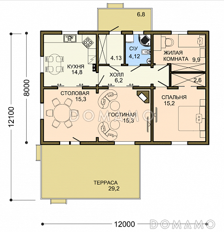 Проект небольшого одноэтажного дома с отделкой клинкером и двумя спальнями / План 1 этажа