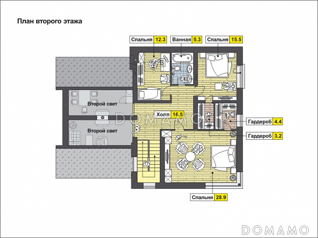 Проект загородного дома с навесом на две машины, двумя спальнями на первом этаже, террасой, вторым светом / План мансардного этажа