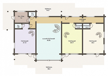 Проект двухэтажного дома из клееного бруса с шестью спальнями и гостиной на втором этаже / План 1 этажа