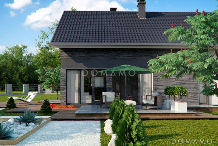 Проект одноэтажного мансардного дома из газобетона с четырьмя спальнями и панорамным остеклением гостиной