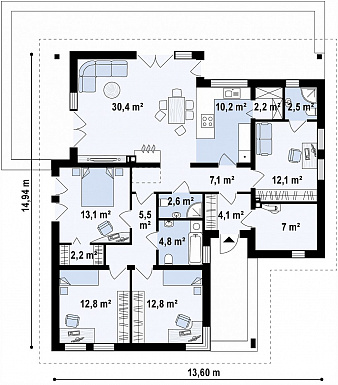 Проект одноэтажного дома из газобетона с дневной зоной в тыльной части дома и выходом на большую террасу / План 1 этажа