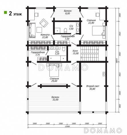 Проект двухэтажного дома из клееного бруса с роскошной террасой / План 2 этажа