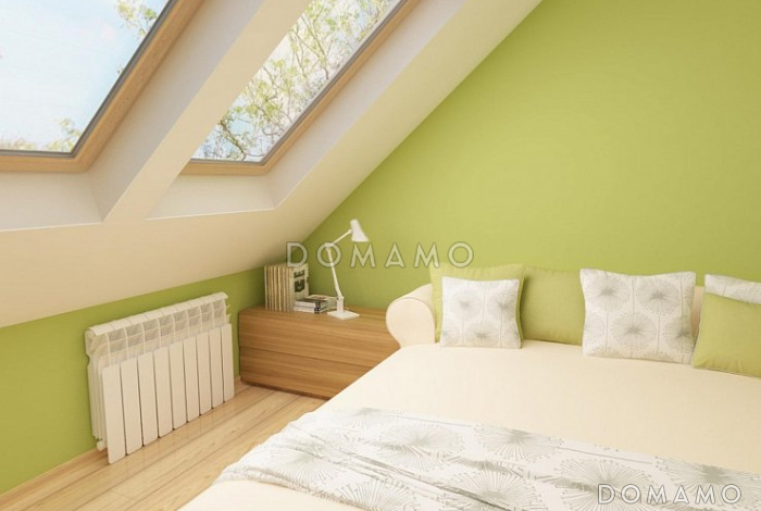 Проект одноэтажного мансардного дома из газобетона с кабинетом, тремя спальнями и эркером в гостиной