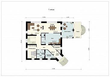 Проект дома с входом с угла здания, террасами, кладовой в кухне, сауной, хозяйской спальней и детскими / План 1 этажа