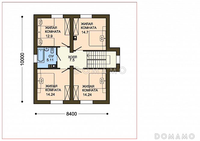 Проект двухэтажного коттеджа с кирпичной отделкой и эркером в гостиной / План 2 этажа