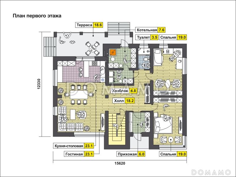 Проект дома с мансардными окнами, вторым светом, вытянутой крытой террасой, объединенной кухней-гостиной / План 1 этажа