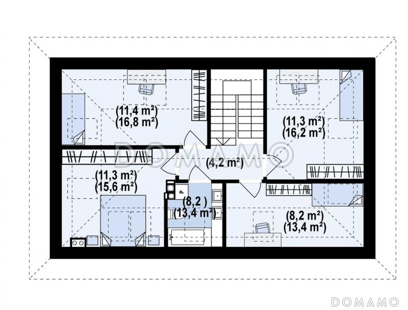 Проект загородного дома с мансардой, гаражом, санузлом на первом этаже, просторной дневной зоной / План мансардного этажа