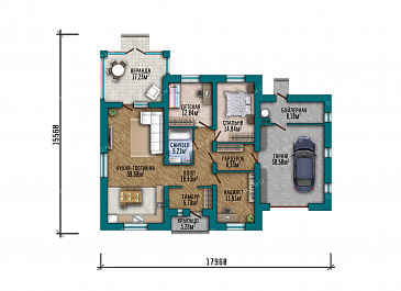 Проект одноэтажного дома с гаражом и крытой верандой в классическом стиле / План 1 этажа