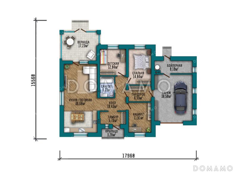 Проект одноэтажного дома с гаражом и крытой верандой в классическом стиле / План 1 этажа