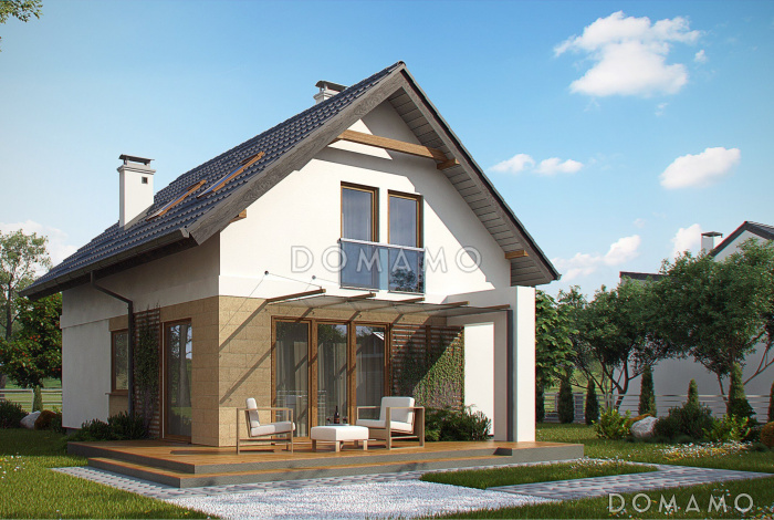 Проект компактного одноэтажного мансардного дома из газобетона с кабинетом и балконом