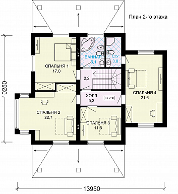 Проект двухэтажного дома из пеноблоков с гаражом для двух автомобилей / План 2 этажа