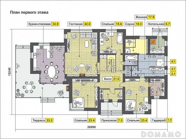 Проект дома с большой террасой с барбекю, большой гостиной с камином, спальнями на первом этаже, сауной, вторым светом / План 1 этажа