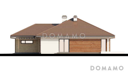 Проект одноэтажного дома из газобетона с большим гаражом и техническим помещением и частично крытой угловой террасой / Фасад 4