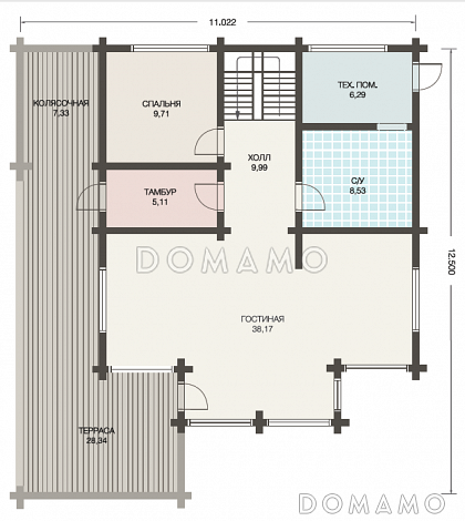 Проект дома с мансардой из клееного бруса с большим вторым светом / План 1 этажа