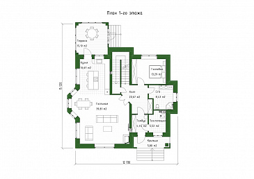 Проект двухэтажного дома с эркерной гостиной, камином и крытой террасой / План 1 этажа