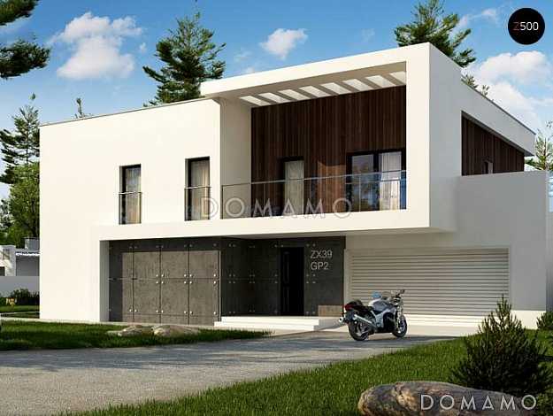 Проект просторного современного двухэтажного дома из газобетона, с пятью комнатами, большим гаражом и двумя лоджиями