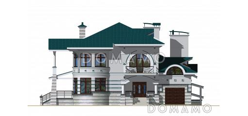 Проект коттеджа с бассейном, зимним садом и гаражом на 2 а/м,  / Фасад 1