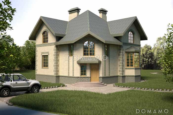 Проект загородного дома с эркером в гостиной