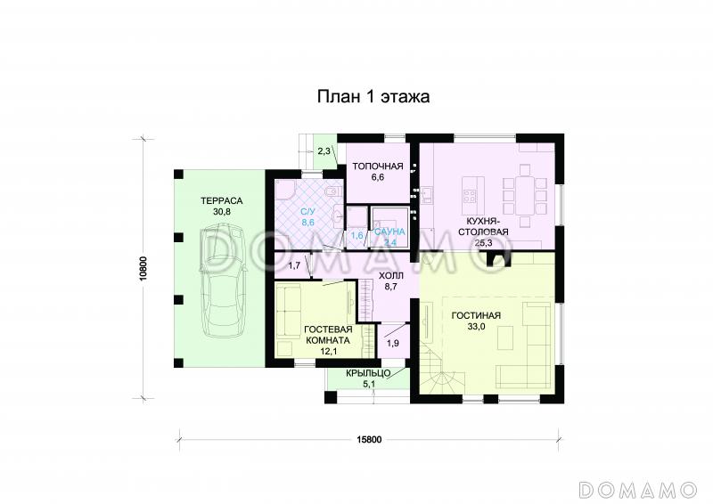 Проект дома из пеноблоков с небольшой сауной / План 1 этажа