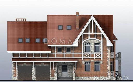 Проект загородного дома с эркером, с гаражом на две машины, двумя большими балконами и террасами / Фасад 2