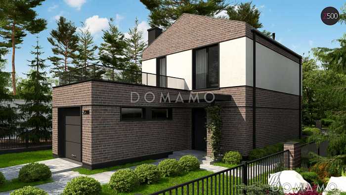 Проект двухэтажного дома из кирпича с фронтальным гаражом для узкого участка