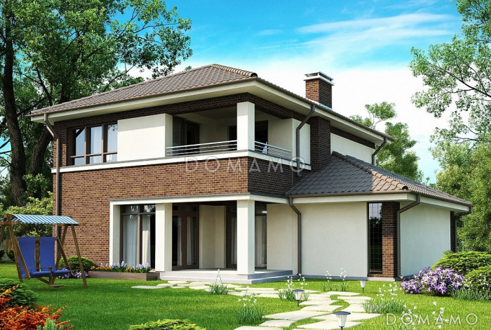 Проект привлекательного двухэтажного дома с гаражом на один автомобиль, кабинетом, крытой террасой,  балконом