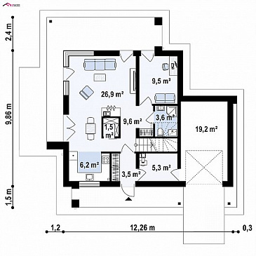 Проект современного двухэтажного дома из кирпича с плоской крышей, четырьмя комнатами, угловым остеклением гостиной и гаражом / План 1 этажа