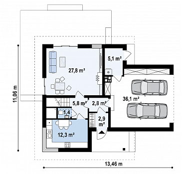 Проект комфортного одноэтажного мансардного дома из газобетона с изолированной кухней, большим гаражом и четырьмя спальнями / План 1 этажа