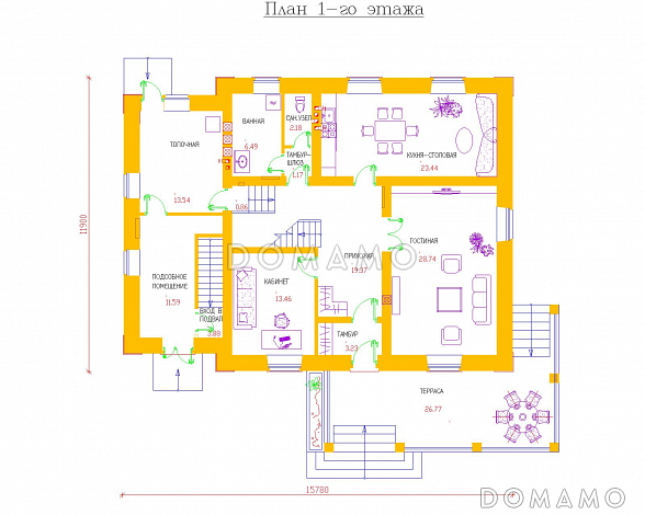 Проект одноэтажного дома с мансардным этажом и подвалом / План 1 этажа