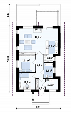 Проект простого уютного одноэтажного дома из газобетона с двумя спальнями / План 1 этажа
