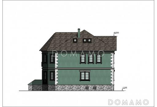 Проект большого двухэтажного дома с цоколем и мансардой,с эркером, сауной и бассейном / Фасад 4