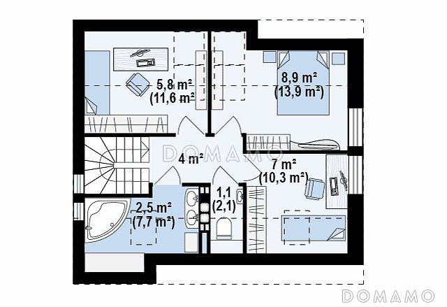 Проект одноэтажного мансардного дома из газобетона с большой площадью остекления в гостиной / План мансардного этажа