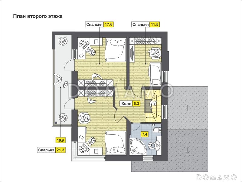 Проект уютного загородного дома с парной в цокольном этаже, навесом для машины, тремя спальнями на мансардном этаже / План мансардного этажа